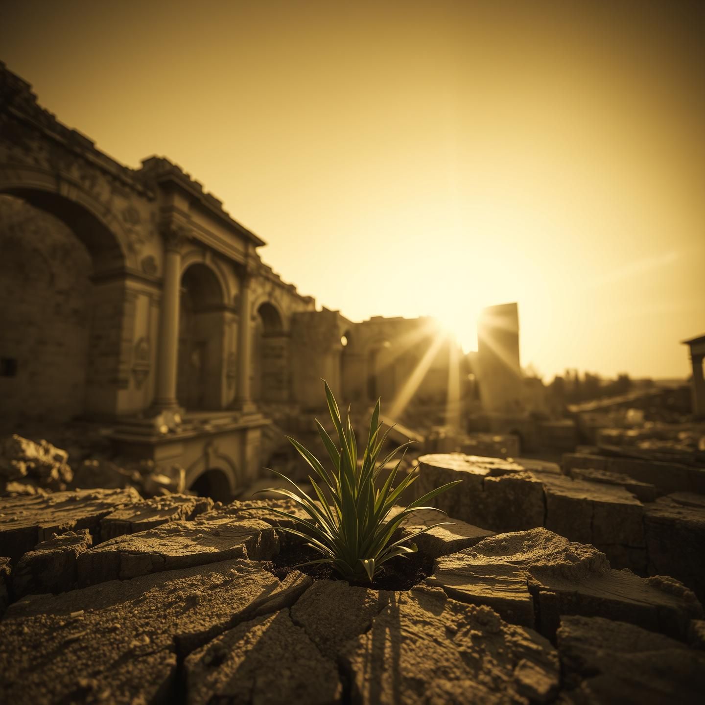 Resilient Green Plant Thrives in Ruined Villa - Hopeful Comeback, 8K
 | Unfold Lens