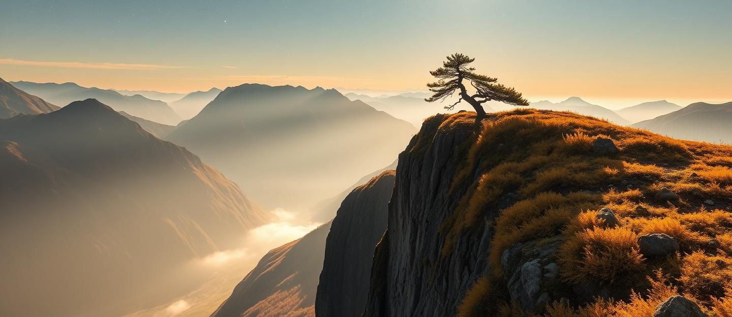 Resilient Pine on Fiordland Cliff: Golden Larches, God Rays, Starry Southern Alps | Unfold Lens