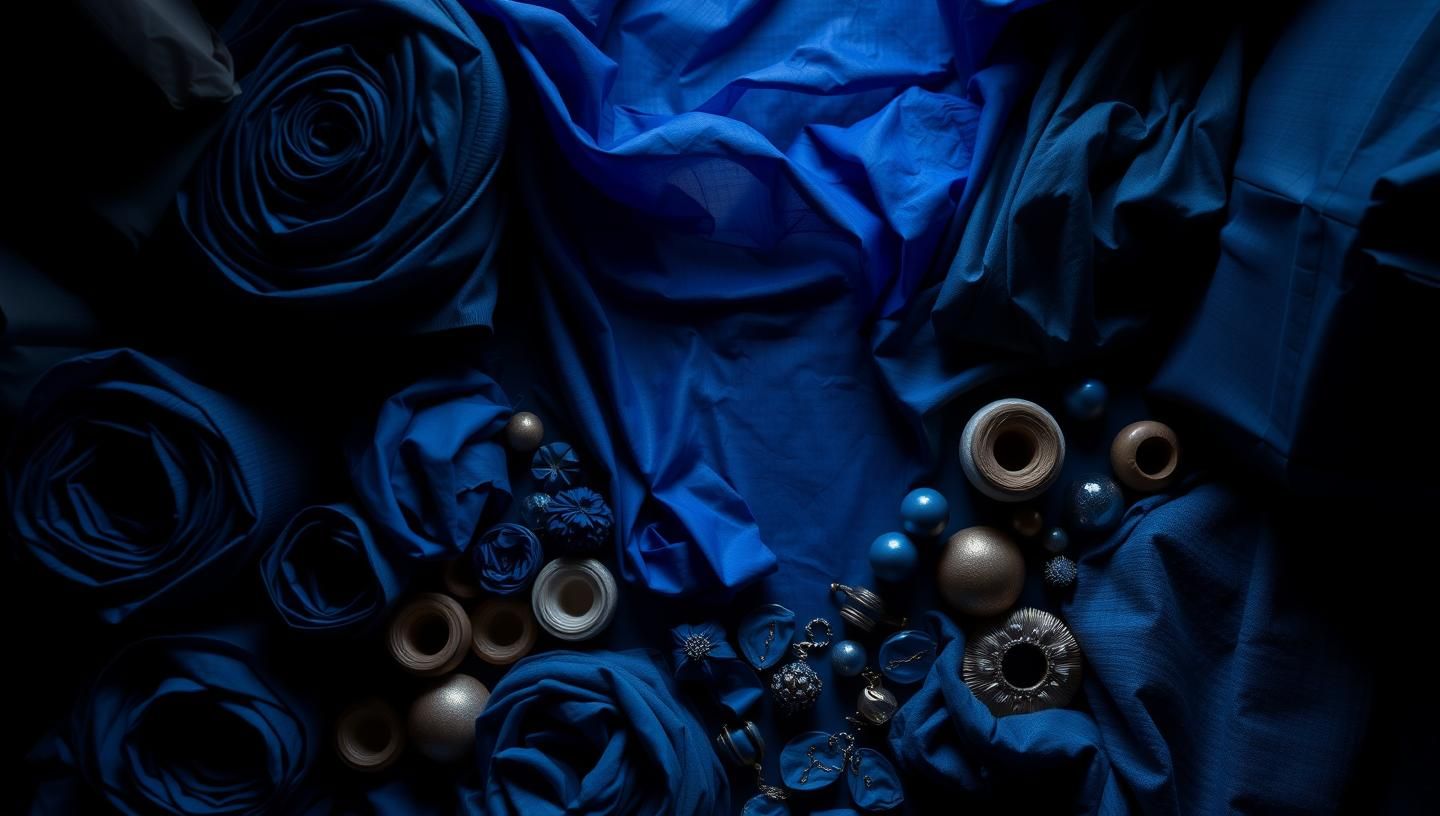 Royal Blue Fabric Rolls Still Life: Jewel-Tone Textile Store, Moody 8K Photo | Unfold Lens