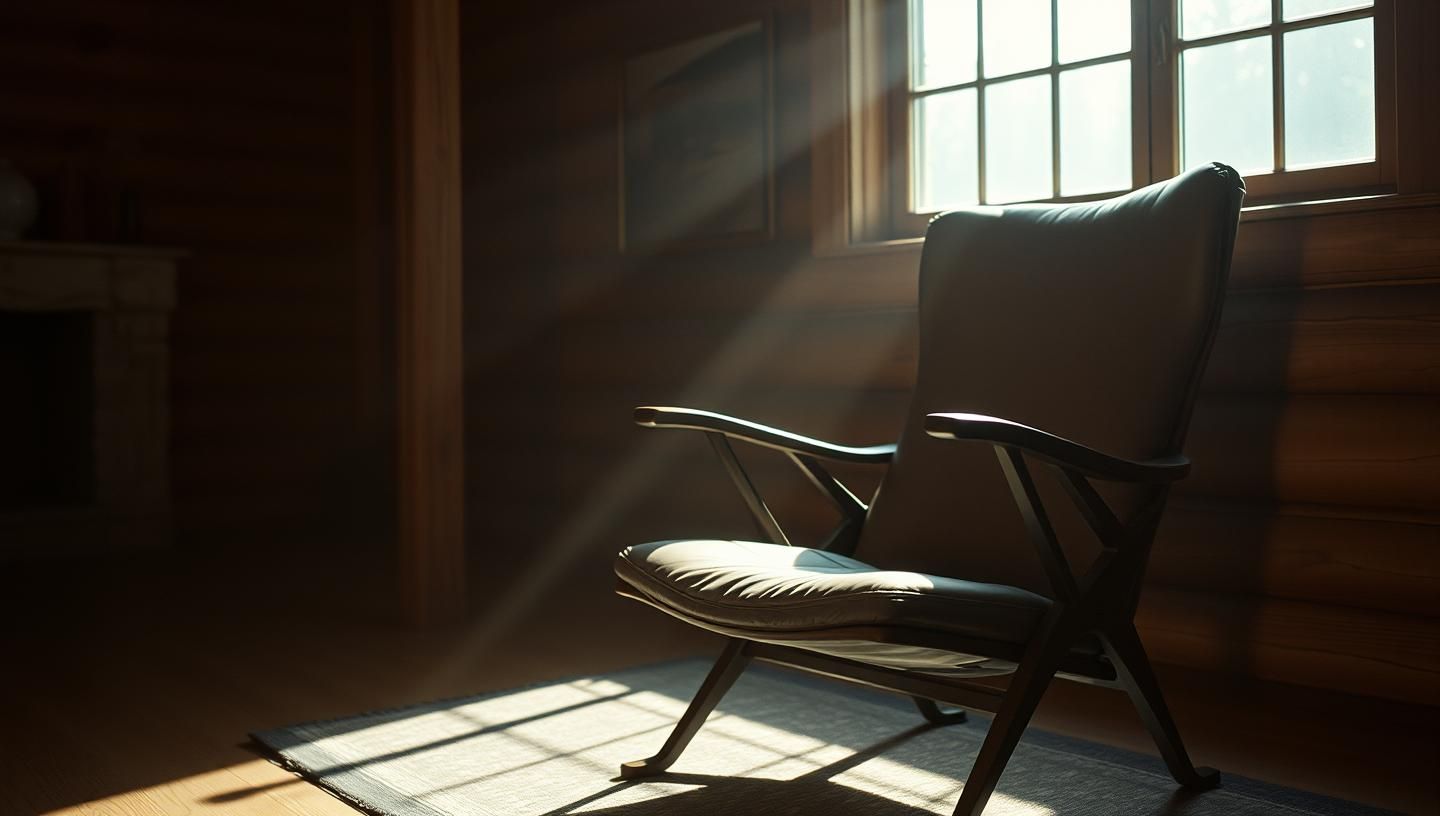 Rustic Cabin Designer Chair: Nostalgic, Moody, & Warm in Soft Morning Light
 | Unfold Lens