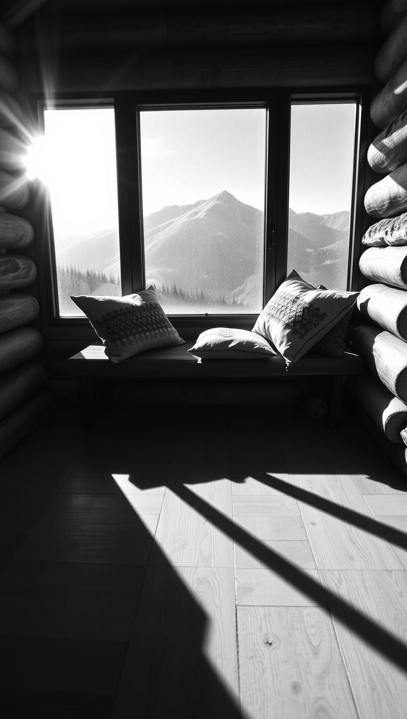 Rustic Cabin Window Seat: Hygge Retreat in Mountain Rain, Geometric Shadows
 | Unfold Lens