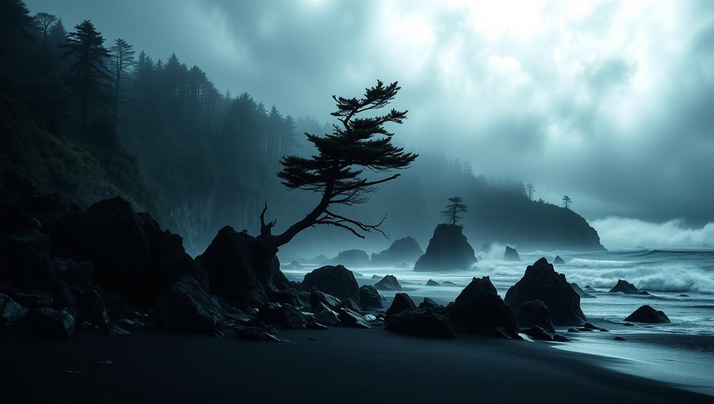 Scottish Coast Gothic Vision: Storm-Lashed Rocks, Windswept Tree, Ethereal Fog, 8k
 | Unfold Lens