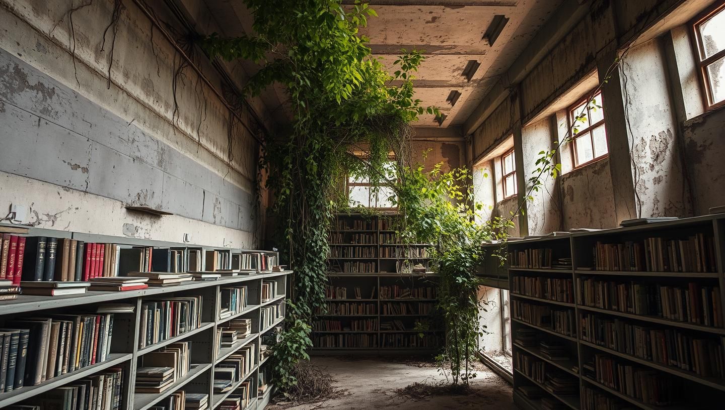 Sepia Abandoned Library: Books & Nature reclaiming stark military base in light
 | Unfold Lens