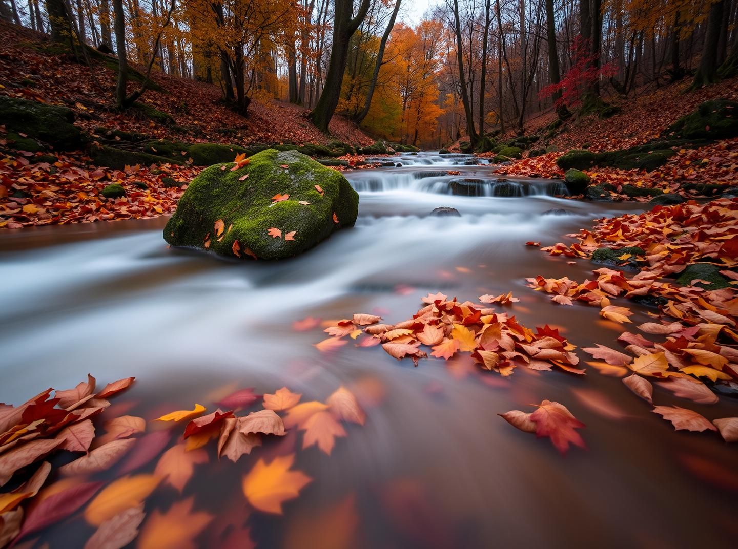Serene Autumn Forest Stream: Cascading Waterfall in Misty Twilight - 8K Nature
 | Unfold Lens