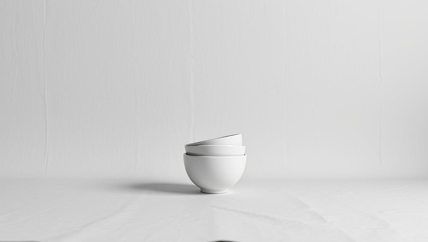 Serene Ceramic Bowls Still Life: Minimalist White on Paper Texture - 8K Art
 | Unfold Lens