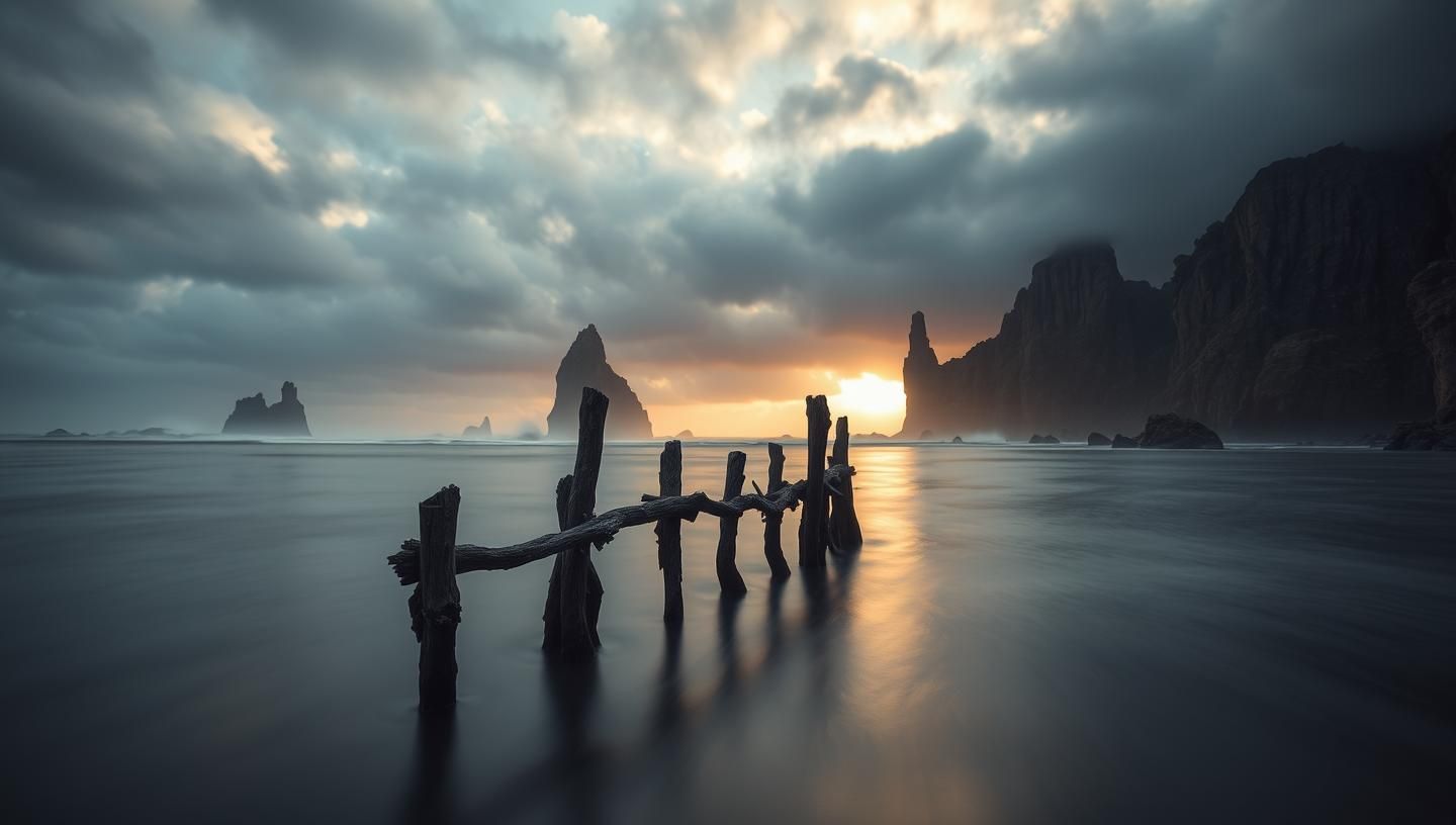 Serene Coastal Pier: Moody Sea Stacks & Stormy Sky at Dawn - 8K Resolution
 | Unfold Lens