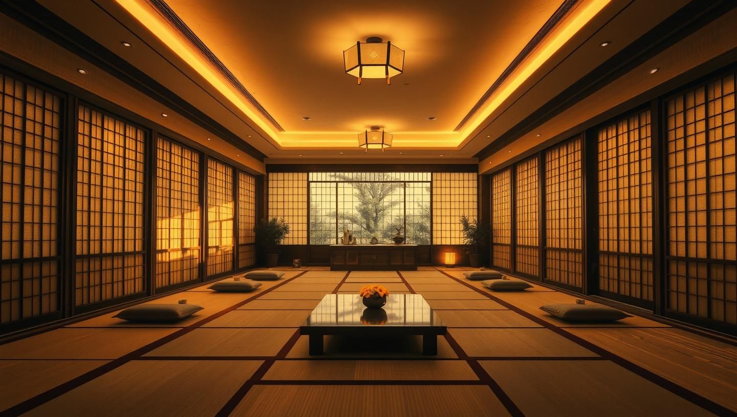 Serene Hotel Lobby: Japanese Tea Room, Warm Light, Sepia Nostalgia, 8k | Unfold Lens
