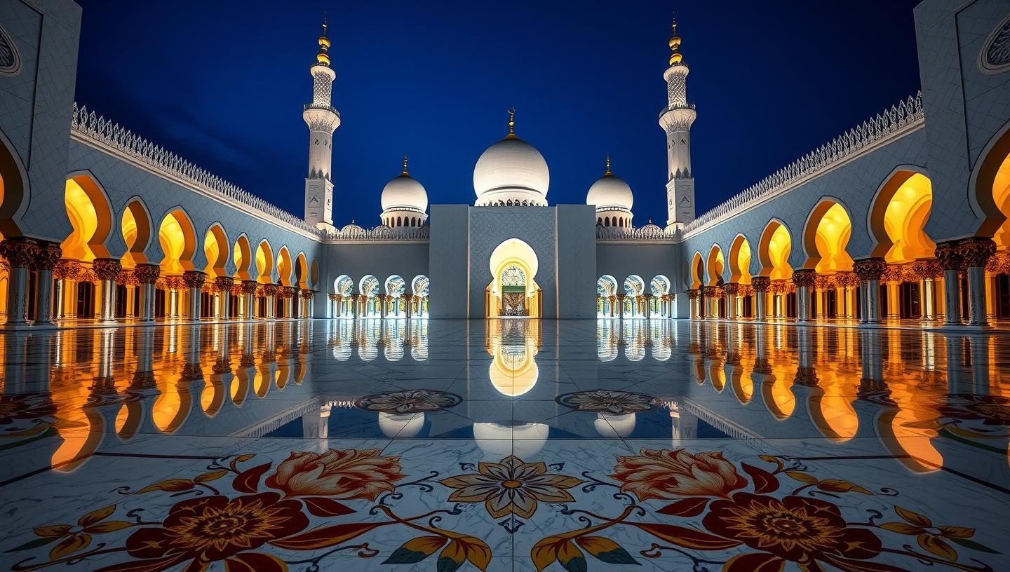 Sheikh Zayed Mosque Night: Grand Facade, Illuminated Marble, Spiritual Beauty
 | Unfold Lens