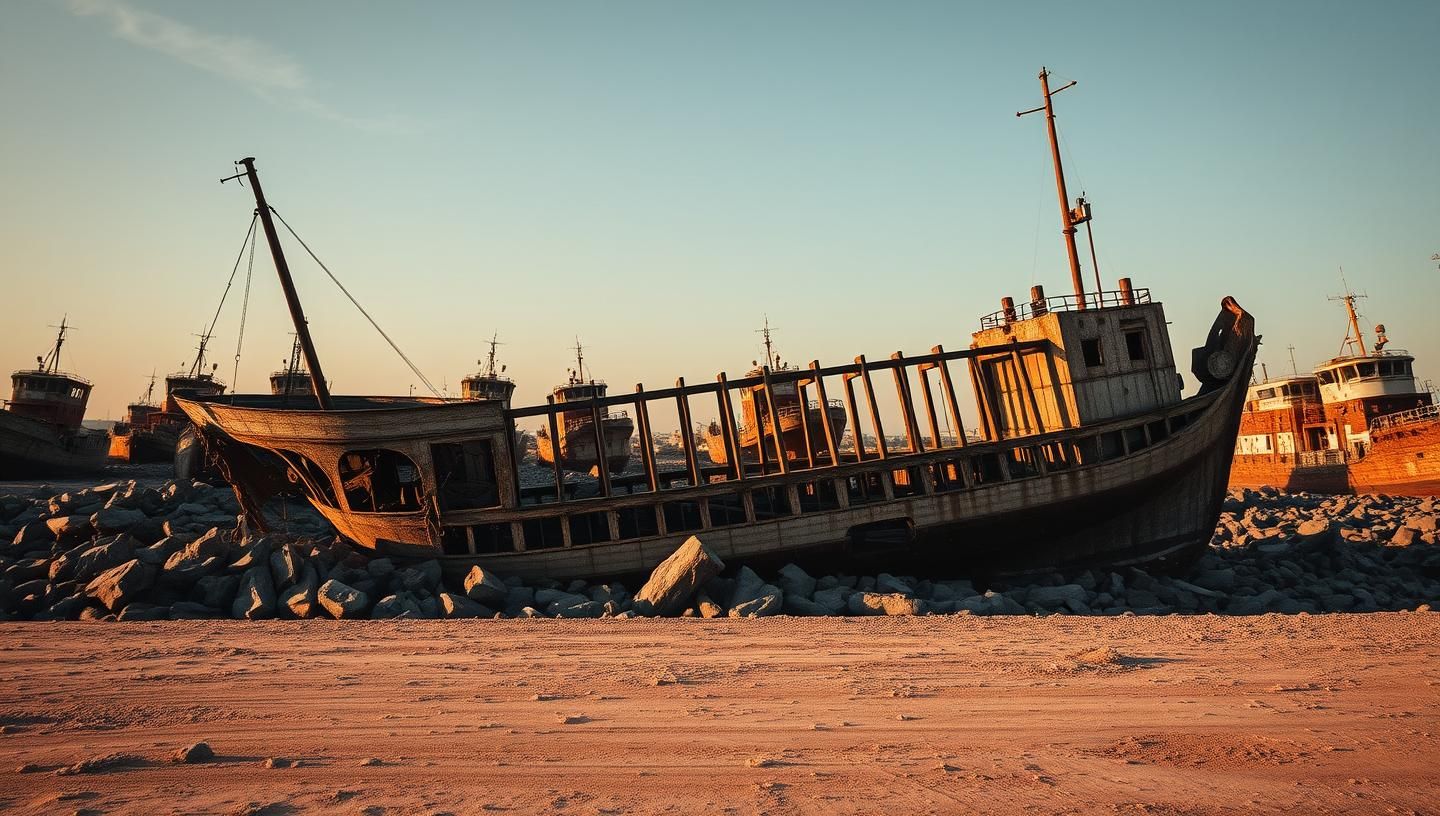 Shipwreck Skeleton Sepia Photo: Ghostly Sentinel of Time, Nostalgic Glow
 | Unfold Lens