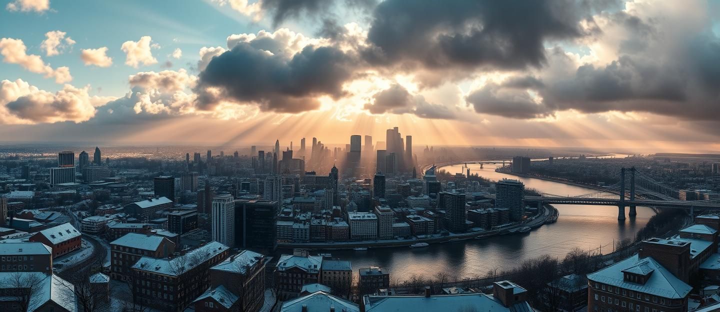 Snowy Cityscape Panorama: Inspiring Winter Metropolis at Night in 8K Resolution | Unfold Lens