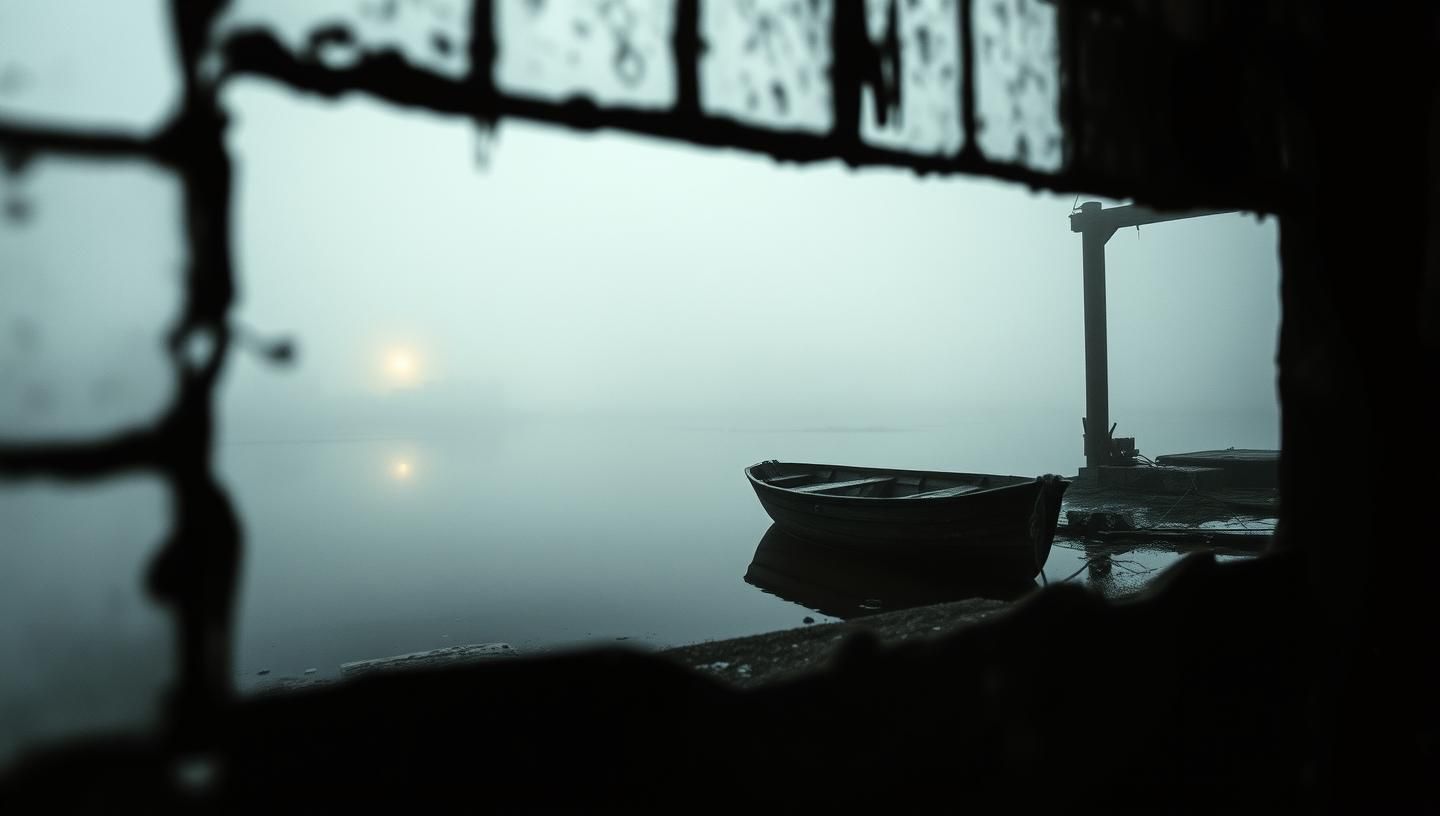 Solitary Boat on Misty Lake: Nostalgic Desolation in 8k, Faded Film Aesthetic
 | Unfold Lens
