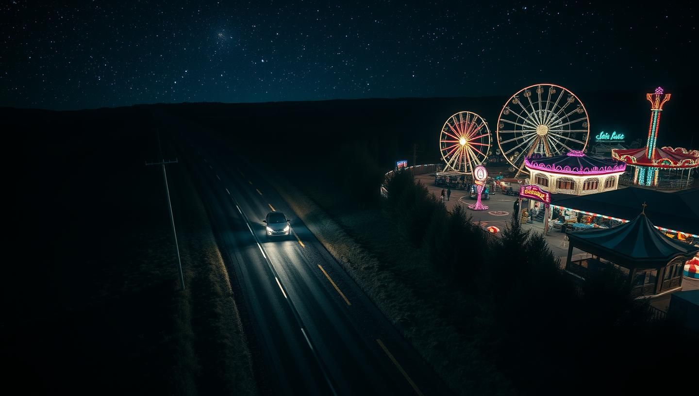 Solitary Car Light Trail Ascends to Starry Night Fairground Wonder in 8K
 | Unfold Lens