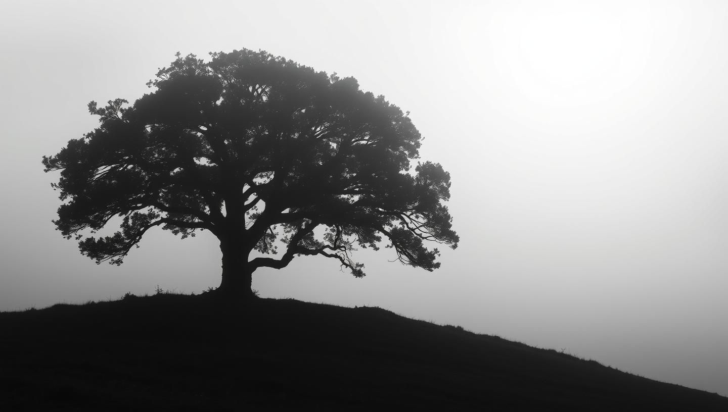 Solitary Oak Silhouette on Misty Hill: Breathtaking Scottish Landscape in 8K
 | Unfold Lens