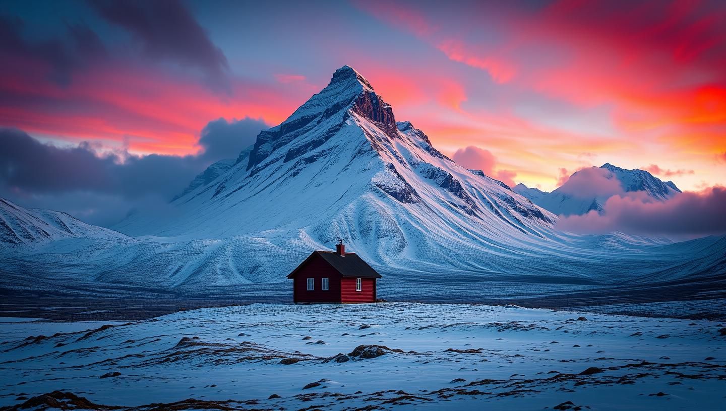 Solitary Red Cabin Scottish Highlands: Snow Peaks at Twilight - 8K Photography
 | Unfold Lens