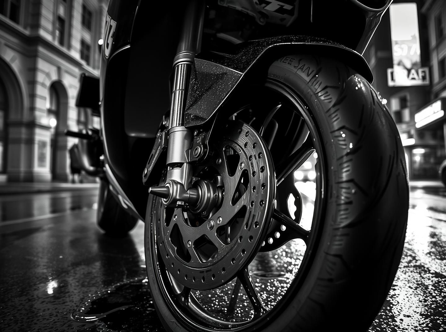 Sportbike Forks in Rain: Monochrome Power & Exotic Paint, 8K Visual Art | Unfold Lens
