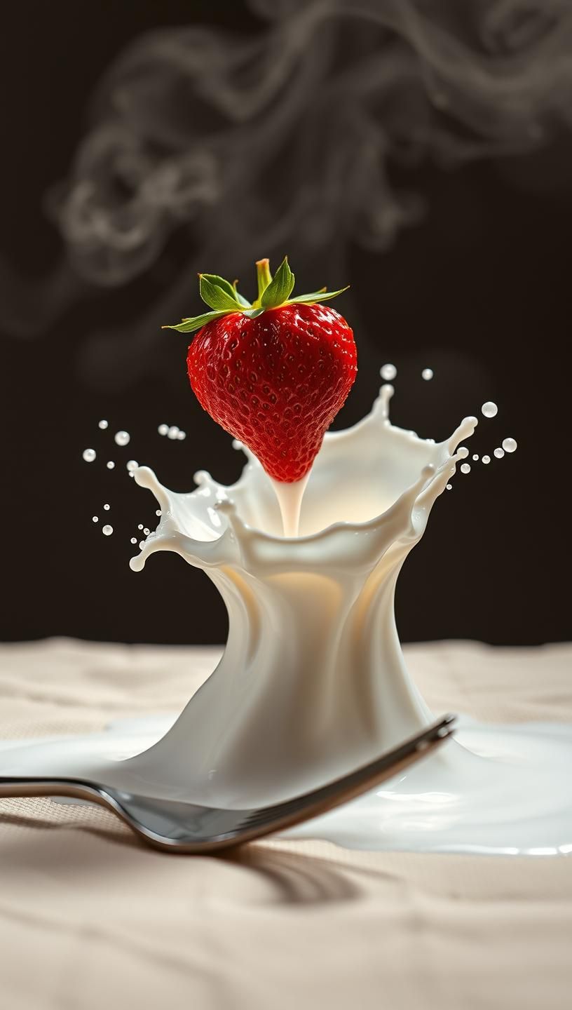 Strawberry splash in milk: Macro photo, crown eruption, 8K art, perfection
 | Unfold Lens