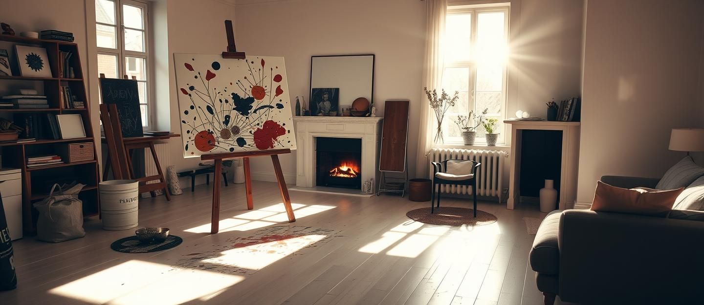 Sunlit Artist Studio: Minimalist Scandinavian Apartment, Warm Firelight, 8K | Unfold Lens