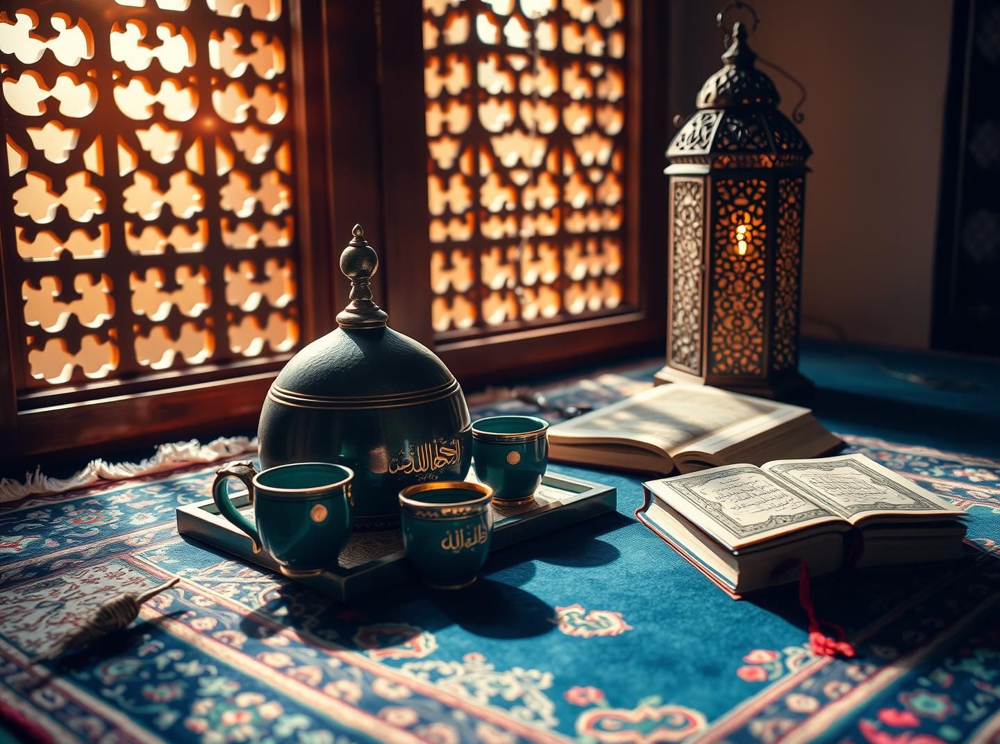 Sunlit Dallah & Cups on Prayer Rug: Jewel Tones of Hospitality & Tradition | Unfold Lens