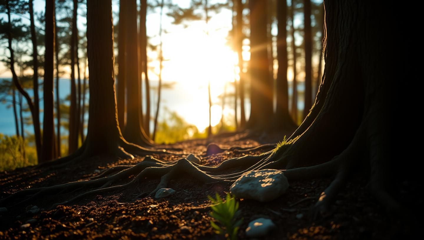 Sunlit Forest Depth: Golden Light on Ancient Roots and Stone in 8K
 | Unfold Lens