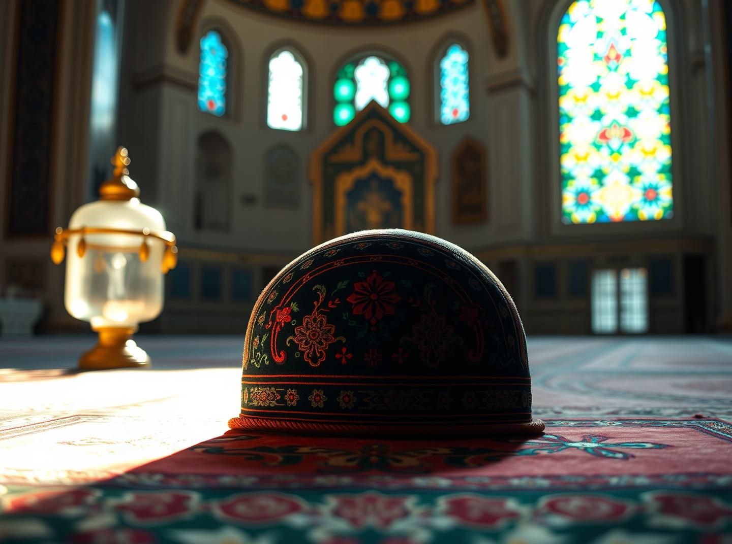 Sunlit Mosque Prayer Cap: Embroidered Islamic Art & Spiritual Jewel Tones
 | Unfold Lens