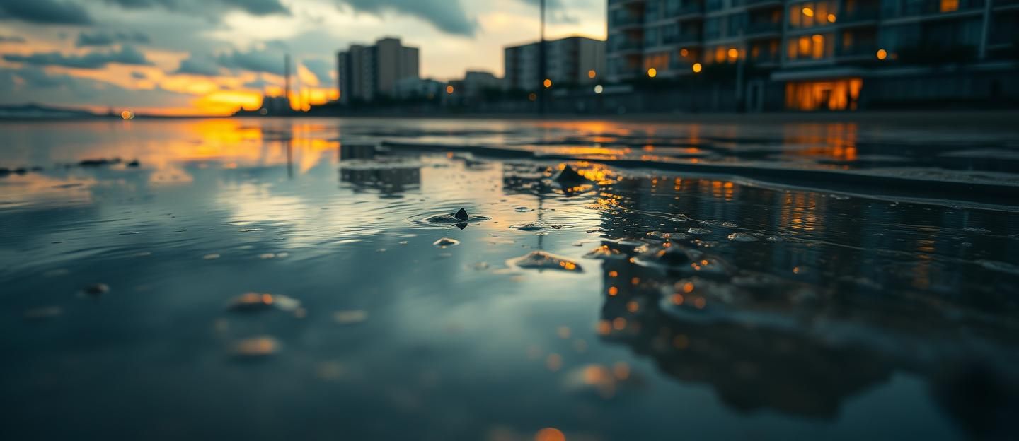 Sunset Beach Reflection: Neon City Lights on Wet Sand, Impressionistic Art
 | Unfold Lens