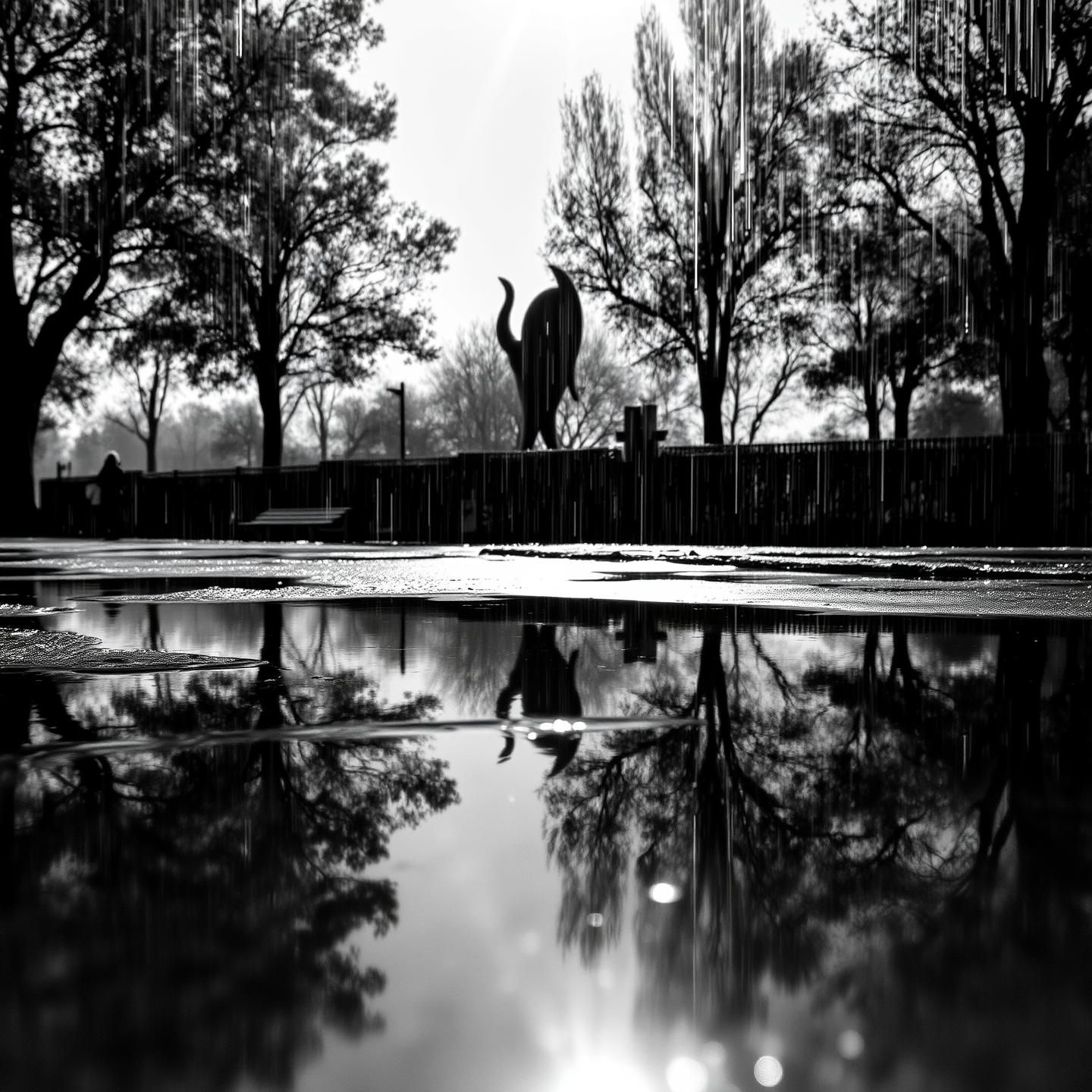 Surreal Sculpture Reflection After Rain, High Contrast Black & White, 8k Photo | Unfold Lens