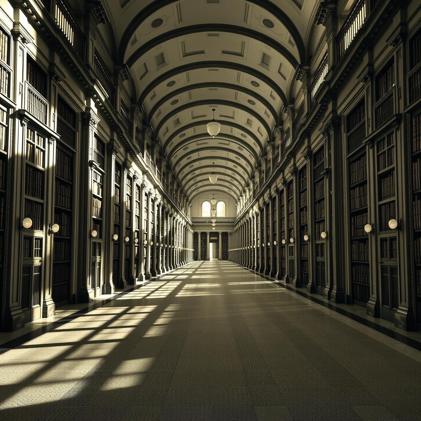 Timeless Library Hallway: Geometric Light, Shadow, and Architectural Beauty
 | Unfold Lens