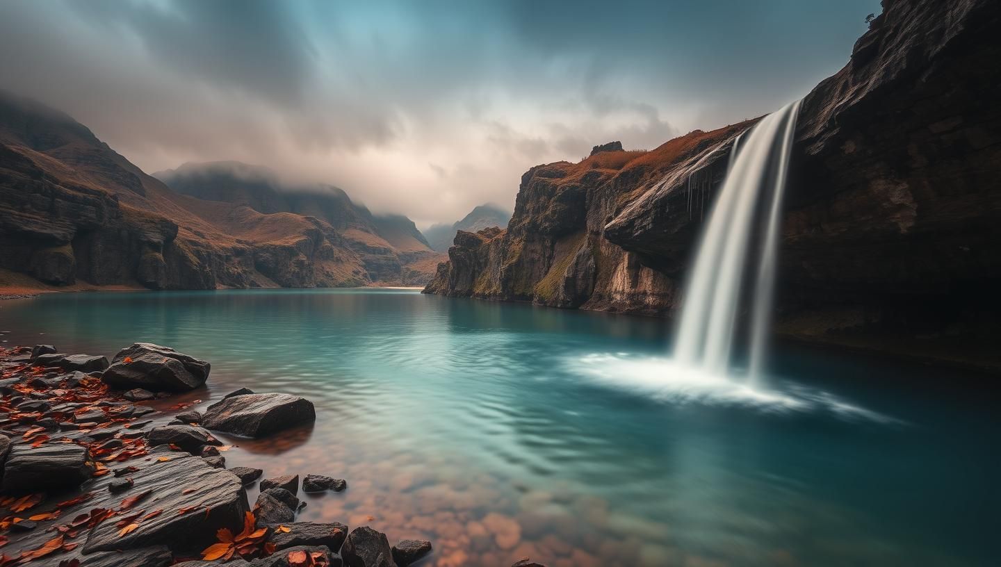 Turquoise Canyon Waterfall Dawn: Serene Pool Reflection - 8K Landscape Beauty
 | Unfold Lens