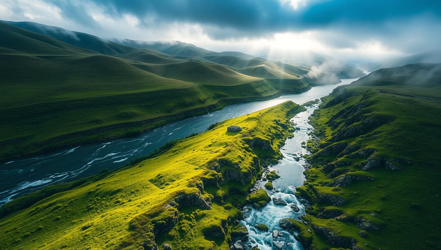 Tuscany Palouse Aerial: Sunlit Hills & Silky River - 8K Fine Art Photography
 | Unfold Lens