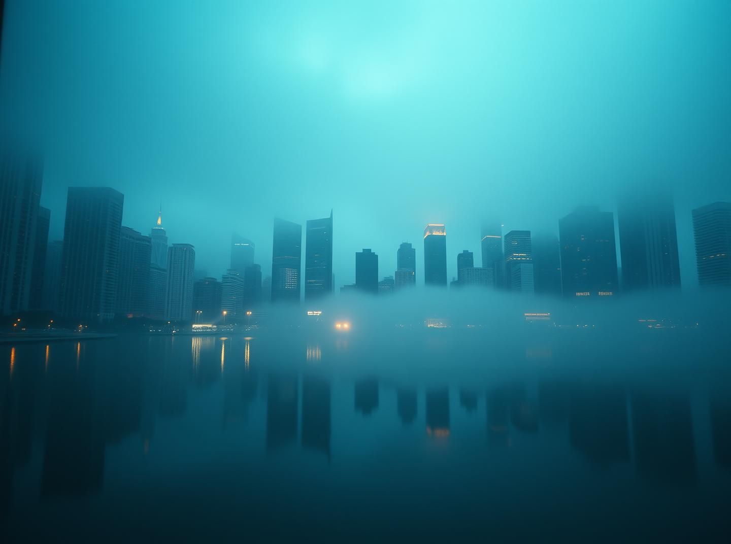 Twilight Cityscape: Dreamy Reflections, Serene Blue-Green Mist in 8K
| Unfold Lens
