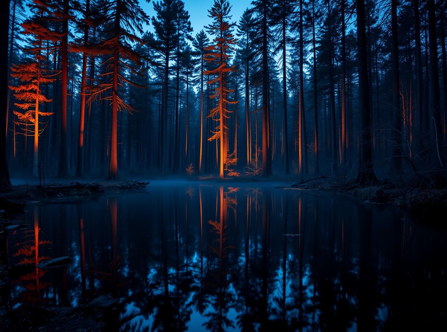 Twilight Forest Pool Reflection: Autumnal Serenity in 8K - Magical & Inspiring
 | Unfold Lens