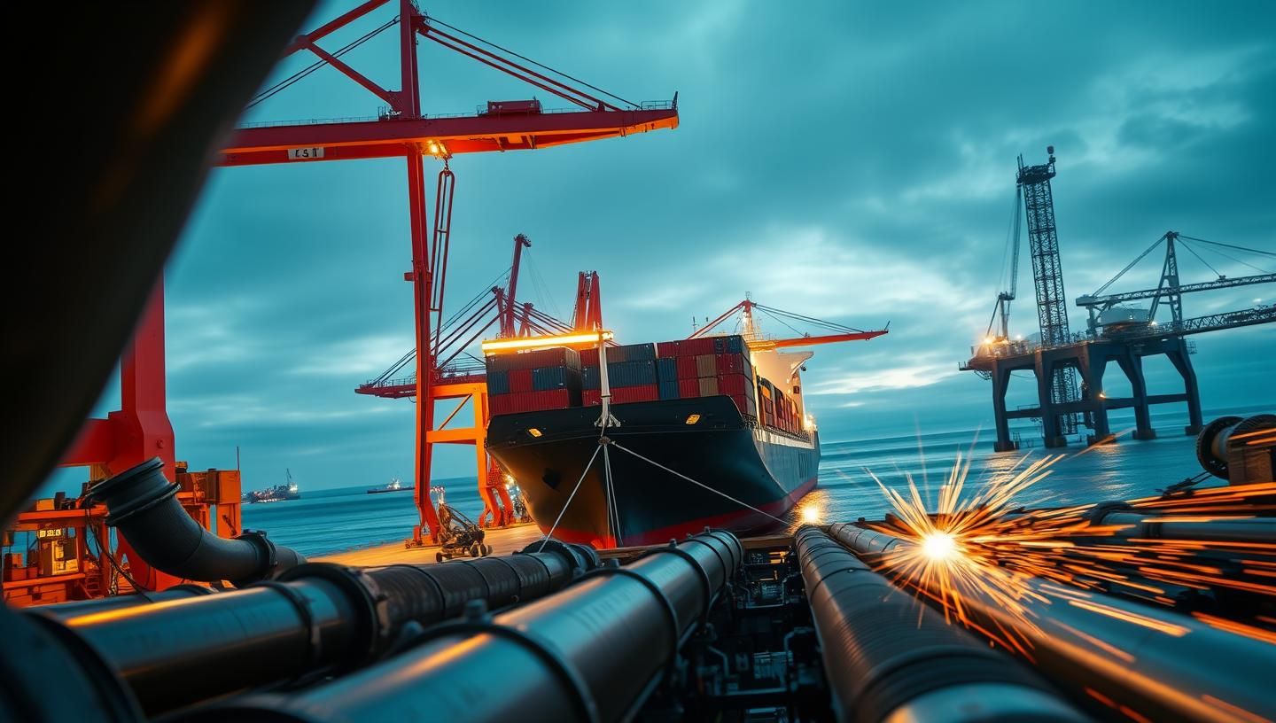 Twilight Port: Container Ship at Sunset - Inspiring Maritime Transport Scene
 | Unfold Lens