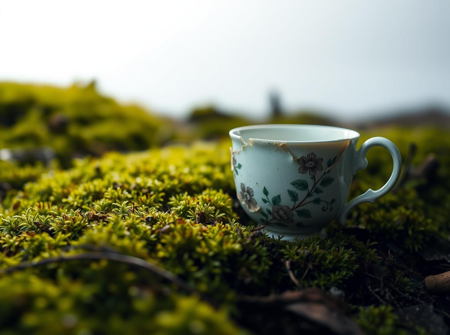 Verdigris Teacup Still Life: Forest Floor Moss, Glowing Patina, 8K Art
 | Unfold Lens