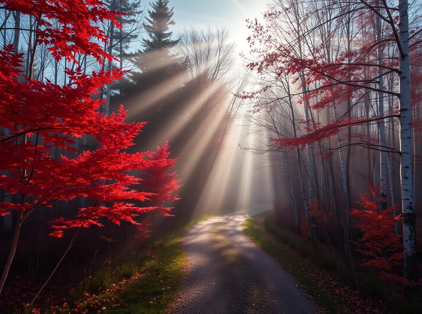 Vermont Autumn Meets Winter: Sunbeams, Maple Leaves, Serene Path, 8K HDR
 | Unfold Lens