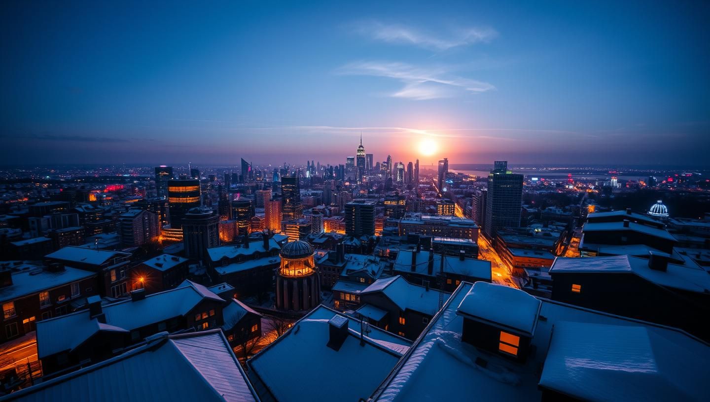 Vibrant Cityscape at Night: Snow-Kissed Rooftops & Electric Light Trails
 | Unfold Lens