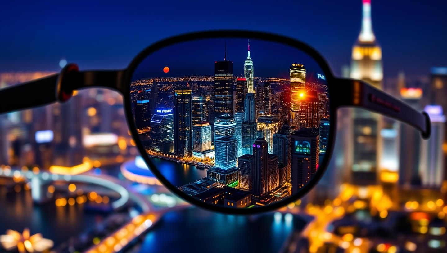 Vibrant Cityscape Mirrored in Sunglasses: Miniature Tilt-Shift 8K Masterpiece
 | Unfold Lens
