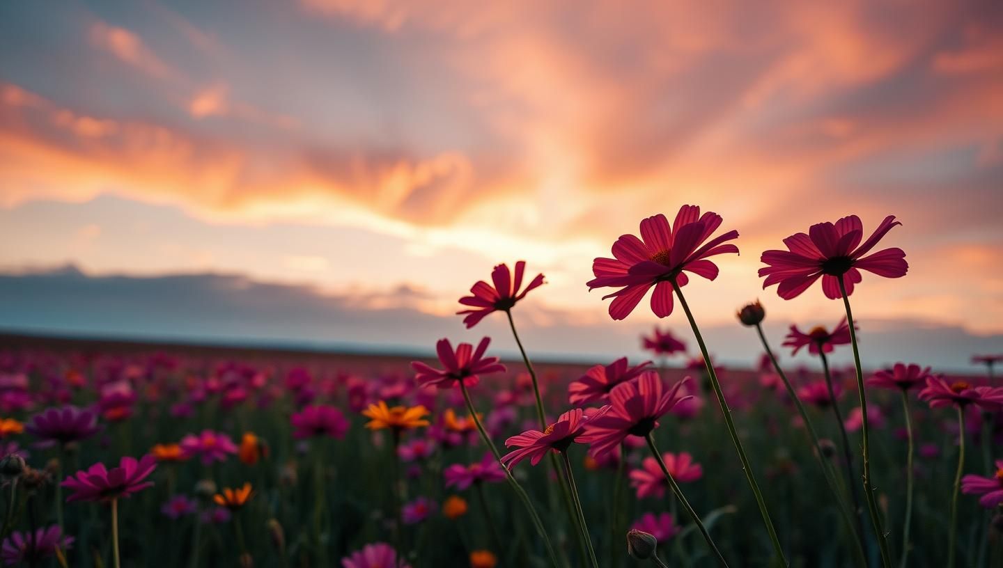 Vibrant Cosmos Flowers Field at Sunset: Hopeful, Beautiful, Dreamy 8K
 | Unfold Lens