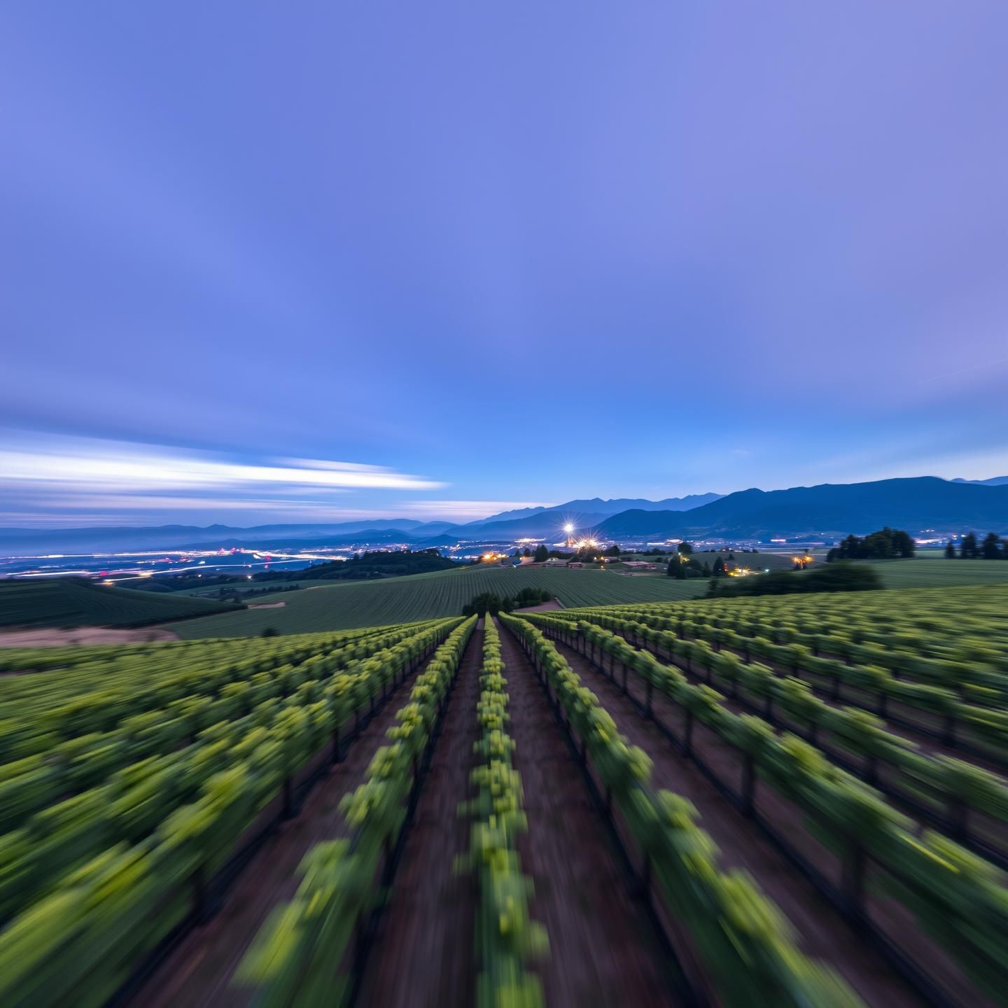 Vibrant Kinetic Aerial Panorama: Dancing Lights, Mountain Peaks, Vineyard Speed
 | Unfold Lens