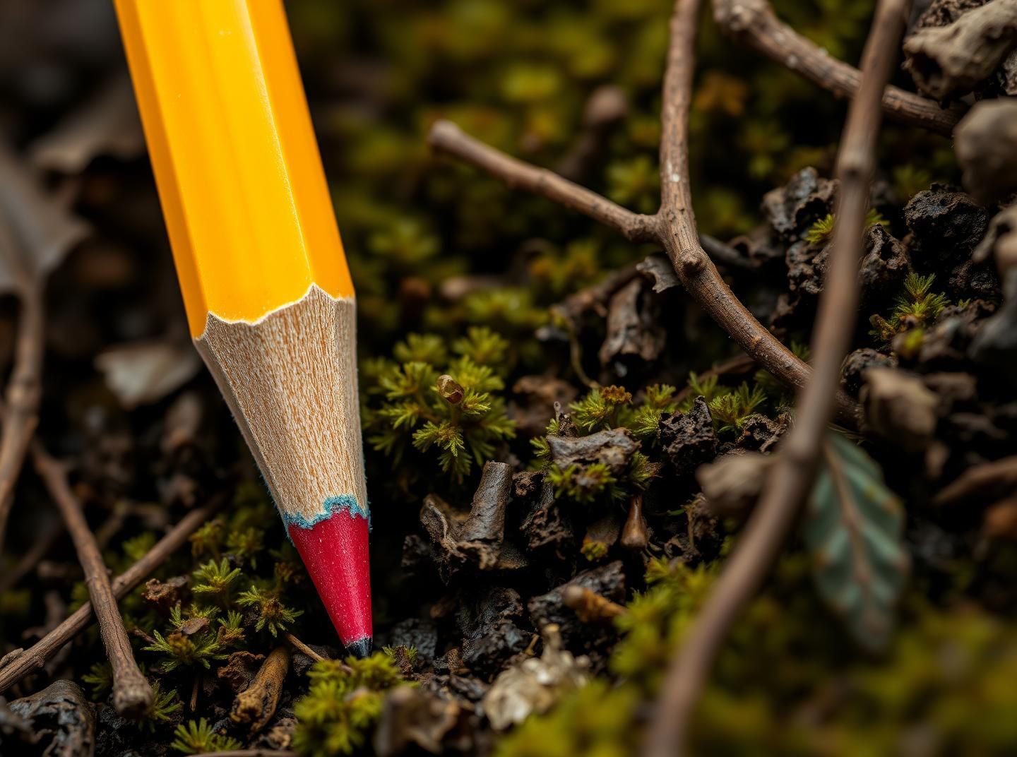 Vibrant Pencil Tip on Forest Floor: Macro Art of Nature's Palette in 8K
 | Unfold Lens