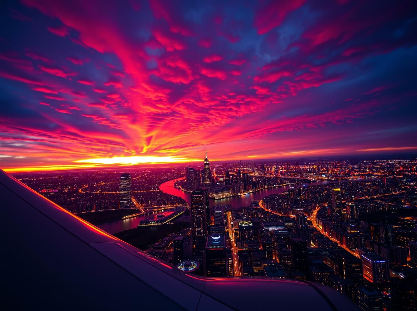 Vibrant Sunset Cityscape from Airplane Window - Inspiring Urban Glow | Unfold Lens