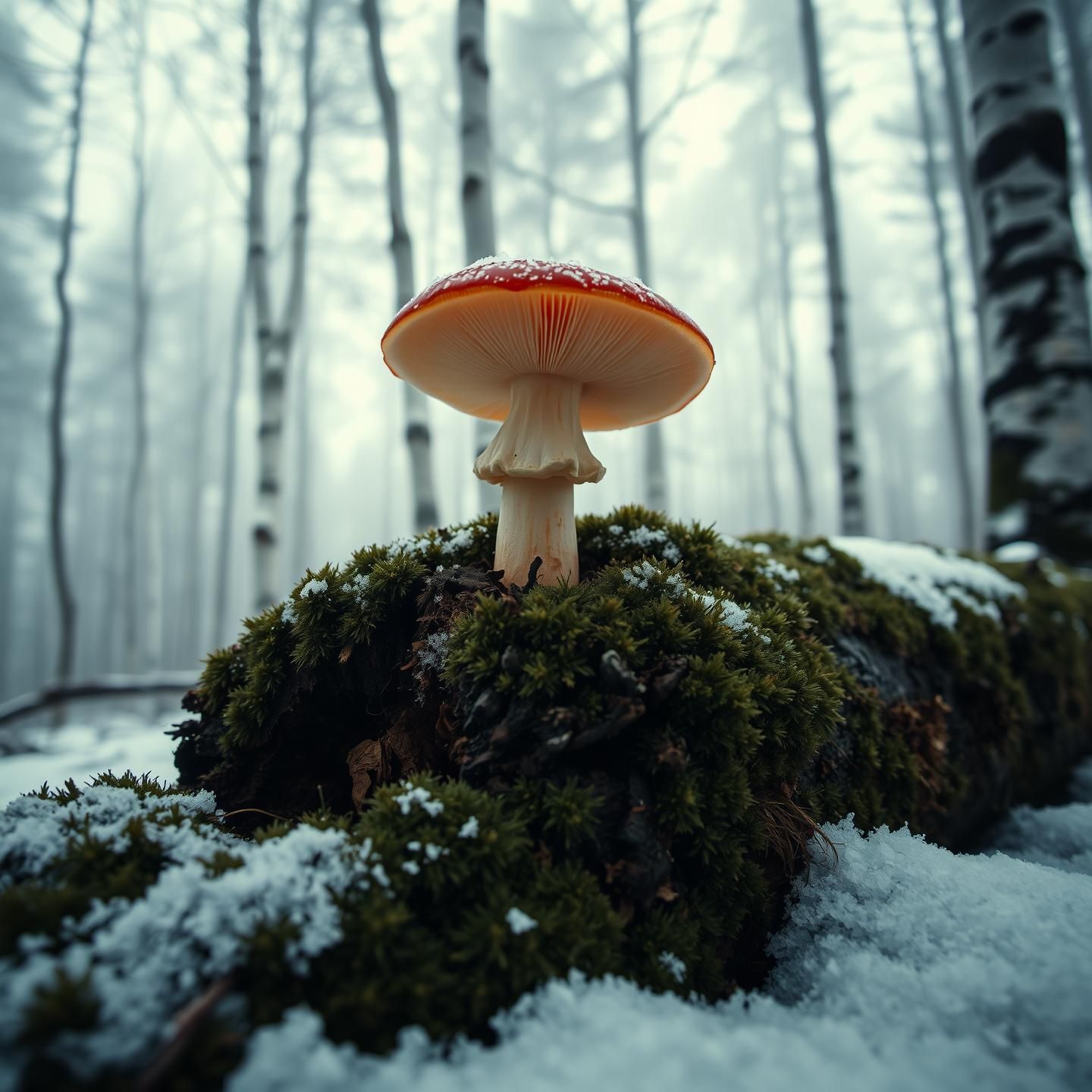Vibrant Toadstool in Foggy Winter Forest: Scandinavian Nature Photography
 | Unfold Lens