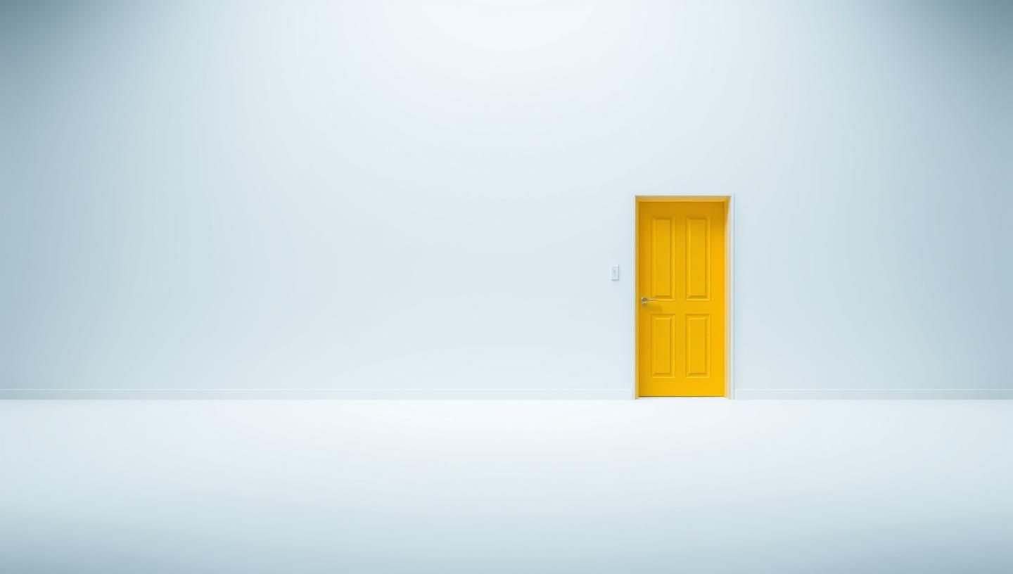 Vibrant Yellow Door, Pale Blue Wall: Minimalist Architectural Photo, 8K Resolution | Unfold Lens
