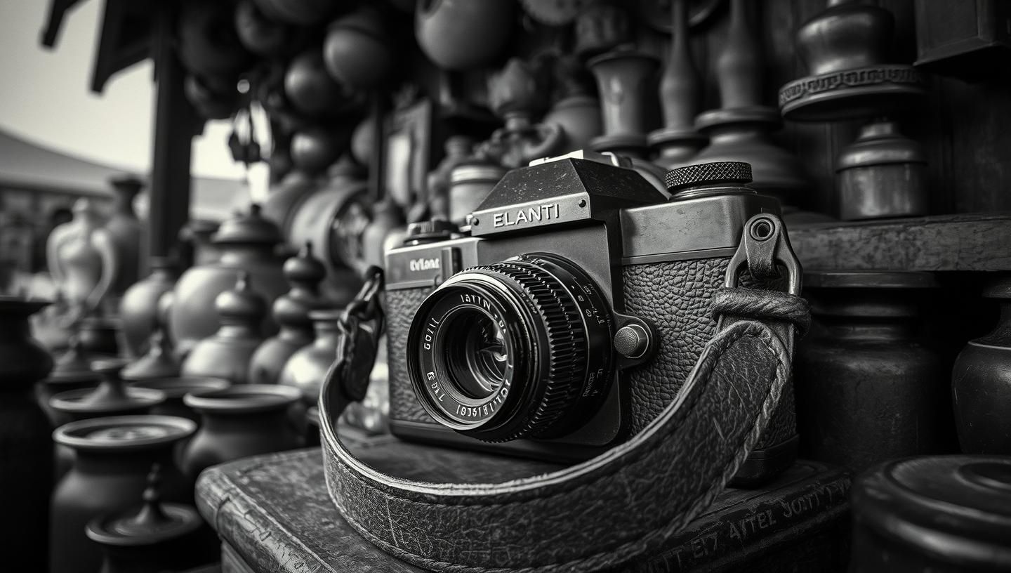 Vintage 35mm Camera BW Photo: Rustic Flea Market Find, Timeless Masterpiece
 | Unfold Lens