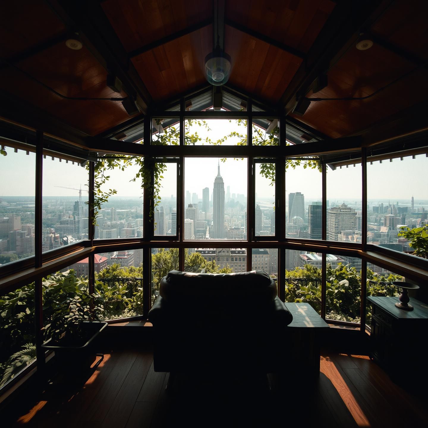 Vintage Conservatory Penthouse: Serene, Lush Interior with City View - 8K
 | Unfold Lens