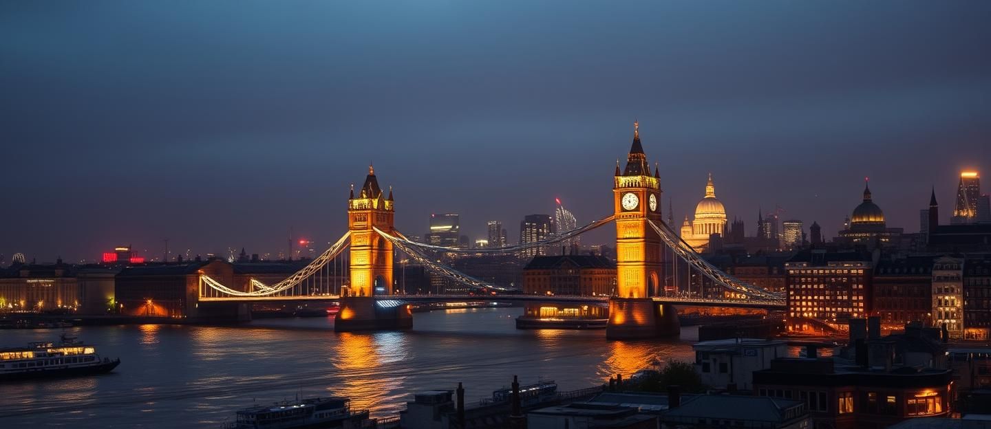 Vintage London Tower Bridge at Twilight: Historic Cityscape Panorama in 8K | Unfold Lens