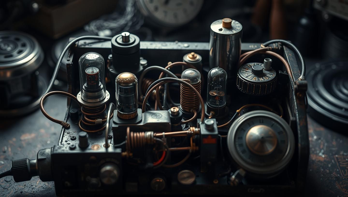Vintage Radio Dissection: Steampunk Watchmaker's Bench, Dramatic Shadows, 8k Detail
 | Unfold Lens