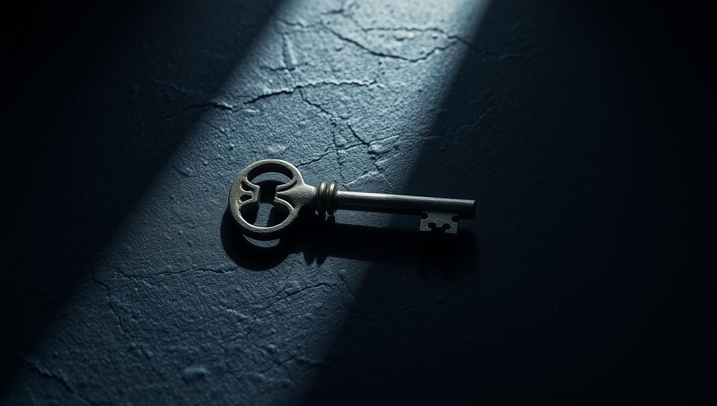 Vintage Skeleton Key on Slate: Moody Shadowed Antique Still Life in 8K
 | Unfold Lens