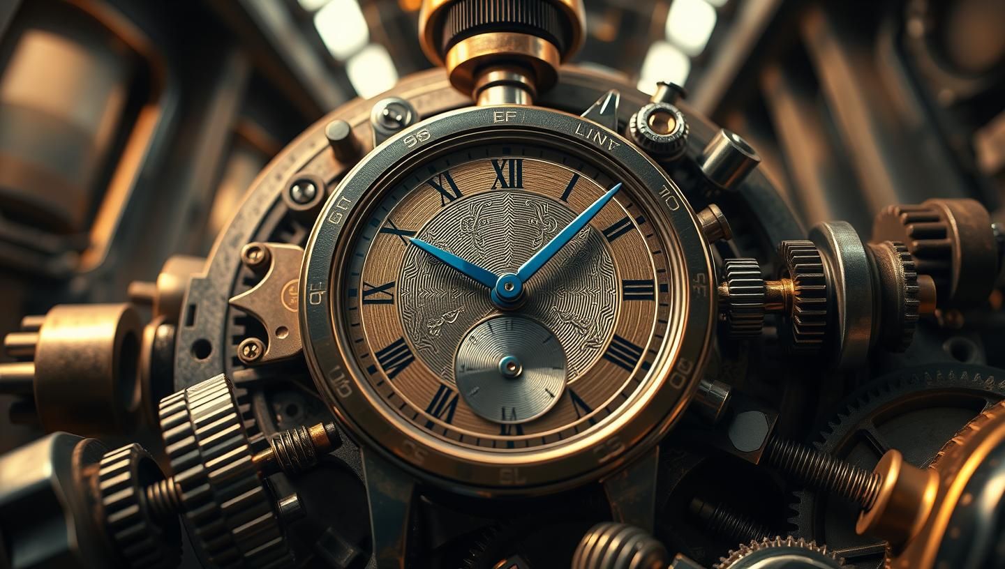 Vintage Watch Precision: Steampunk Gears in Power Plant's Heart, 8K Art
 | Unfold Lens