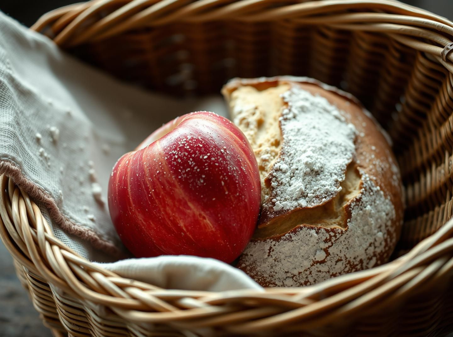 Wabi-Sabi Bakery Still Life: Imperfect Artisan Loaf, Apples, and Flour Dust in 8K | Unfold Lens