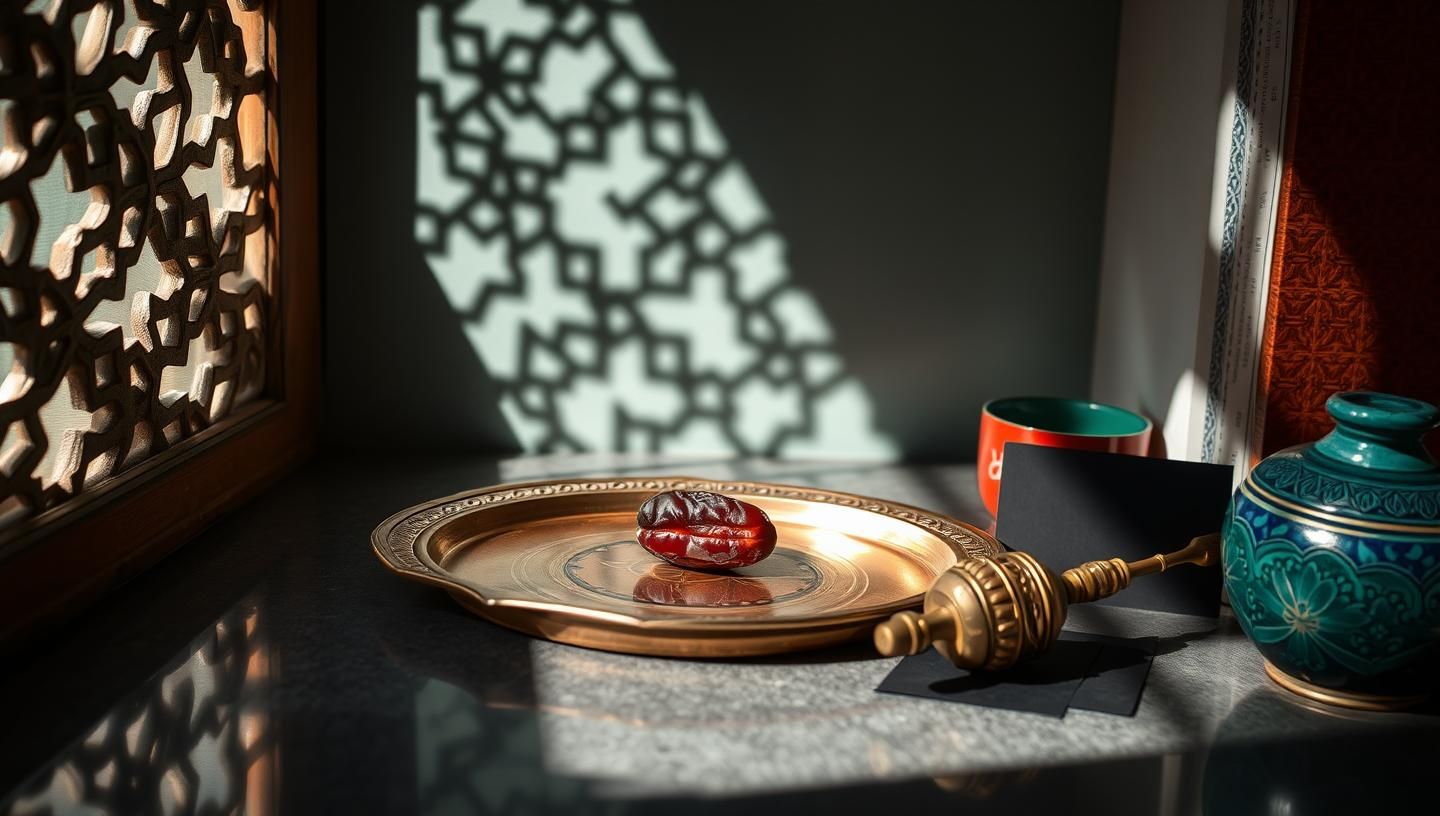 Wabi-Sabi Copper Tray Still Life: Geometric Design, Jewel Tones, & Perfect Date
 | Unfold Lens